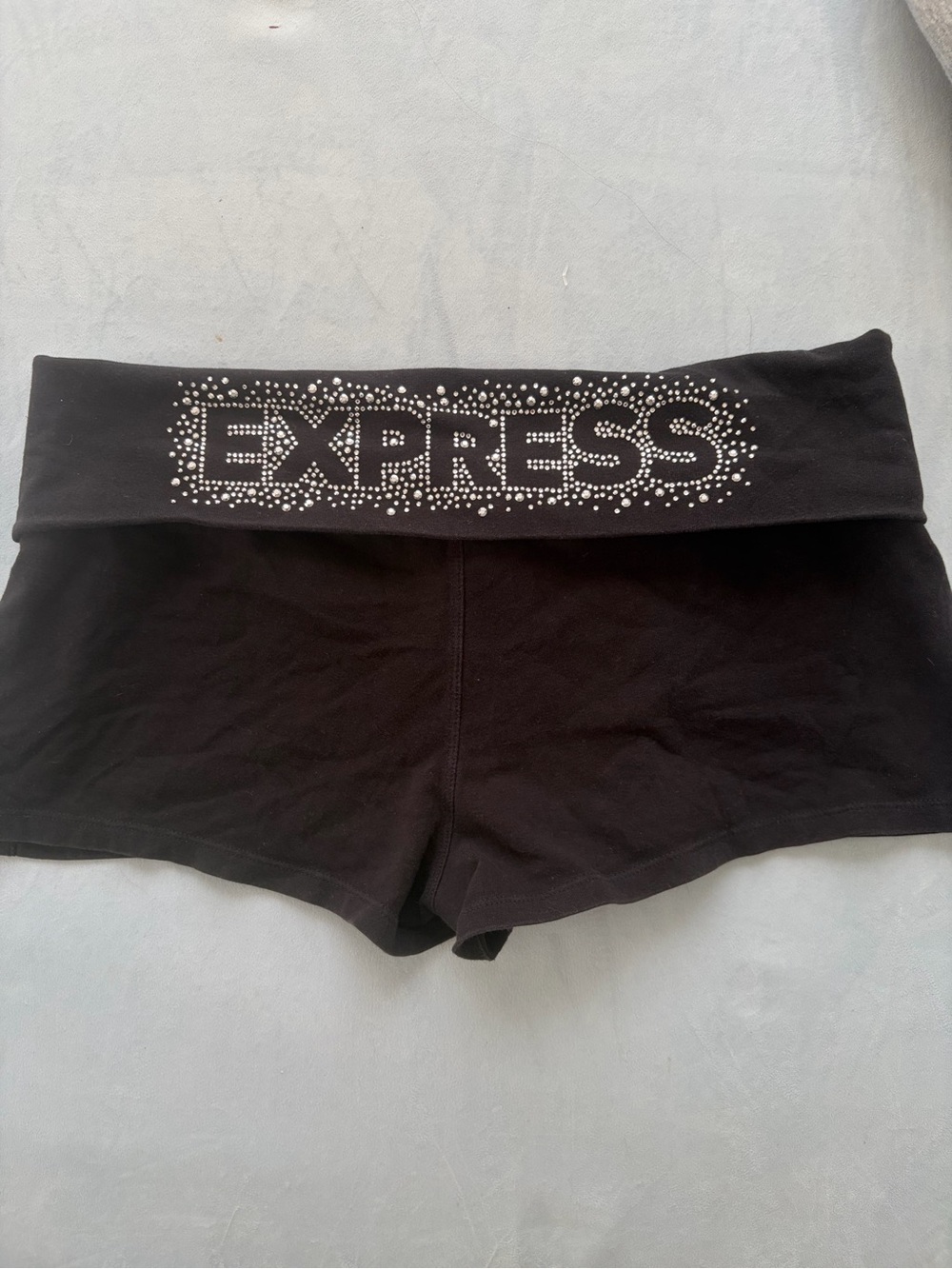 Express Black Womens foldover shorts with rhinestone Logo Waistband